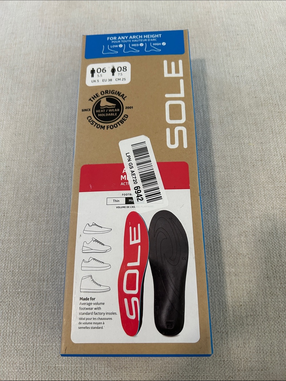 SOLE Active Medium Insoles -  Orthotic Support, Size Women’s 8, NWT, Open box